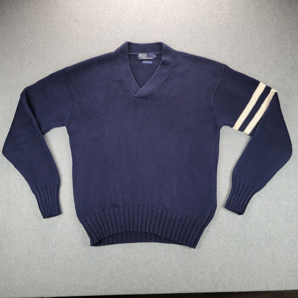 Vintage Polo Ralph Lauren Mens M V Neck‎ Heavy Cable Knit Sweater 100% Cotton